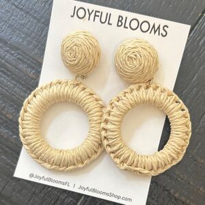 Natural Raffia Woven Hoop Round Drop Earrings Off White
